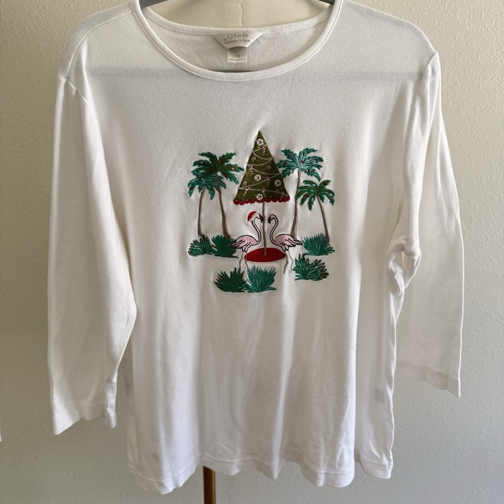 Vtg CJ Banks Flamingo Beach Palm Tree Christmas White Cotton Top Sz 1X Coastal